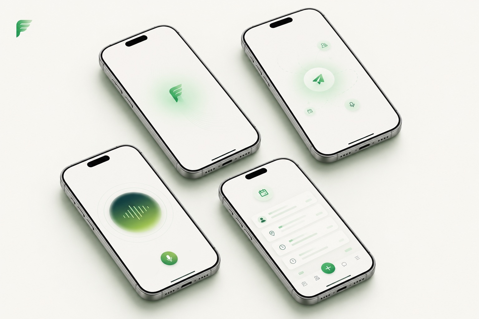 Fluidy sur iPhone : écran d'accueil, dictée vocale, planning du jour et partage de course.